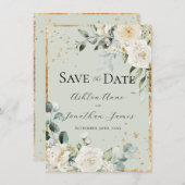 Witte Rozen Goud Groen Elegant Modern Bruiloft Save The Date (Voorkant / Achterkant)