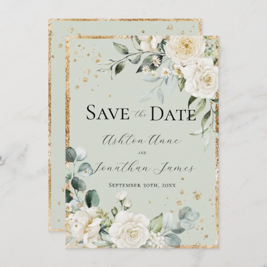 Witte Rozen Goud Groen Elegant Modern Bruiloft Save The Date (Voorkant / Achterkant)