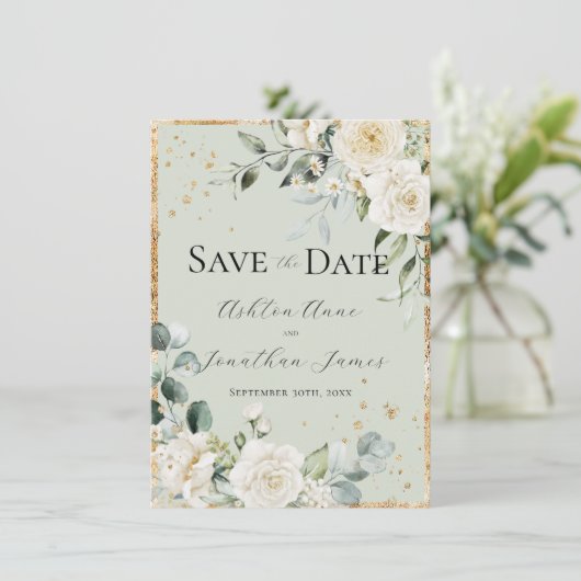 Witte Rozen Goud Groen Elegant Modern Bruiloft Save The Date (Staand voorkant)