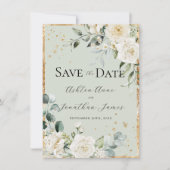 Witte Rozen Goud Groen Elegant Modern Bruiloft Save The Date (Voorkant)