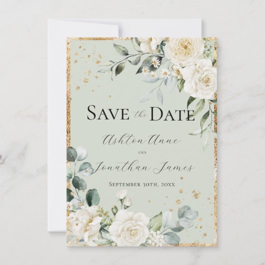 Witte Rozen Goud Groen Elegant Modern Bruiloft Save The Date (Voorkant)