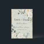 Witte Rozen Goud Groen Elegant Modern Bruiloft Save The Date<br><div class="desc">Prachtige elegante witte rozen & kleine madeliefjes omgeven met een rustiek gouden lijst & gemengd groen van eucalyptus met andere waterverf bladeren bruiloft uitnodiging. Sage groene achtergrond. Schone witte achtergrond draagt bij aan de elegantie van dit mooie ontwerp. Verbluffend. Faux gold spatten op voor & terug naar creëer een chique...</div>