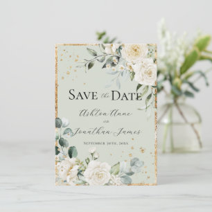 Witte Rozen Goud Groen Elegant Modern Bruiloft Save The Date