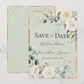 Witte rozen Goud Groen Elegant Modern Trouwen Save The Date (Voorkant / Achterkant)