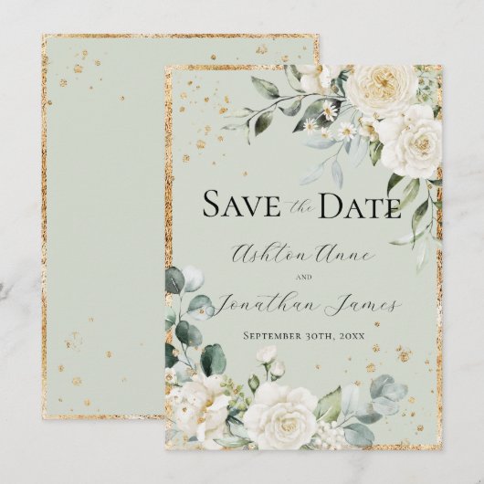 Witte rozen Goud Groen Elegant Modern Trouwen Save The Date (Voorkant / Achterkant)
