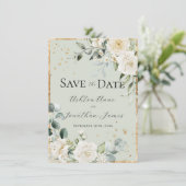 Witte rozen Goud Groen Elegant Modern Trouwen Save The Date (Staand voorkant)