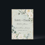 Witte rozen Goud Groen Elegante Moderne Bruiloft Save The Date<br><div class="desc">Prachtige elegante witte rozen & kleine madeliefjes omringd door een roestige gouden lijst & gemengde groenblijvende planten van eucalyptus met andere waterverfbladeren bruiloftsinvitaties. Saliegroene achtergrond. Schone witte achtergrond voegt toe aan de elegantie van dit leuke ontwerp. Verbluffend. Nep goud spatjes op voor- en achterkant om een chic uiterlijk te creëren....</div>