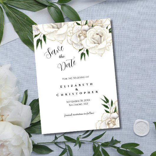 Witte Rozen Gouden Afwerking Elegante Formele Trou Save The Date