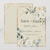 Witte Rozen Gouden Crème Elegante Moderne Trouw Save The Date (Voorkant / Achterkant)
