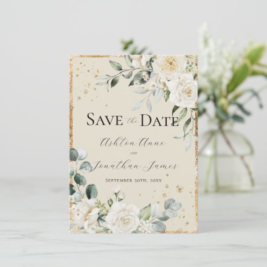 Witte Rozen Gouden Crème Elegante Moderne Trouw Save The Date (Staand voorkant)