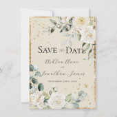 Witte Rozen Gouden Crème Elegante Moderne Trouw Save The Date (Voorkant)