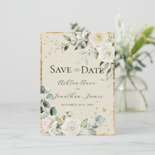 Witte Rozen Gouden Crème Elegante Moderne Trouw Save The Date