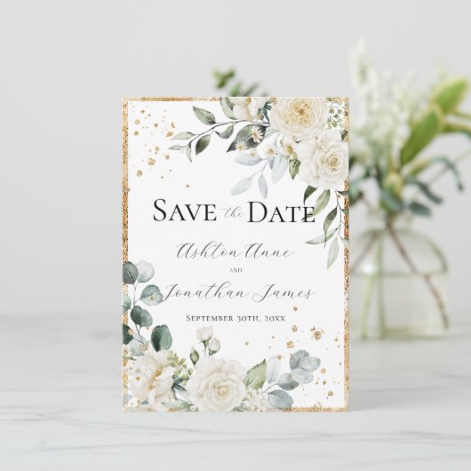Witte rozen Gouden Elegante Moderne Bruiloft Save The Date (Staand voorkant)