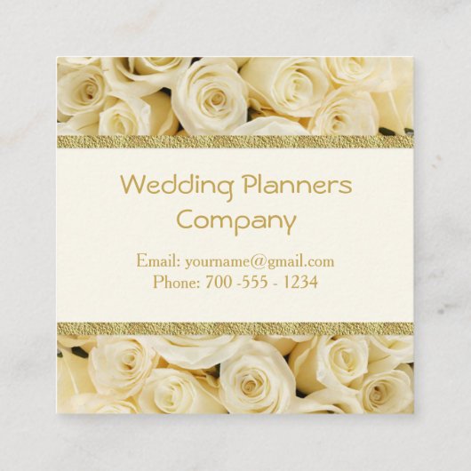 Witte rozen, gouden grens bruiloft planner vierkante visitekaartje (Achterkant)