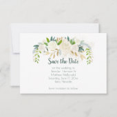 Witte rozen gouden groene bladeren sparen de datum save the date (Voorkant)