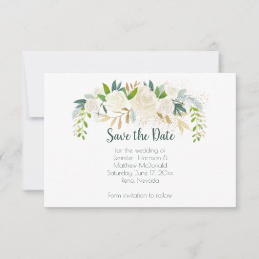 Witte rozen gouden groene bladeren sparen de datum save the date (Voorkant)
