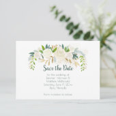 Witte rozen gouden groene bladeren sparen de datum save the date (Staand voorkant)