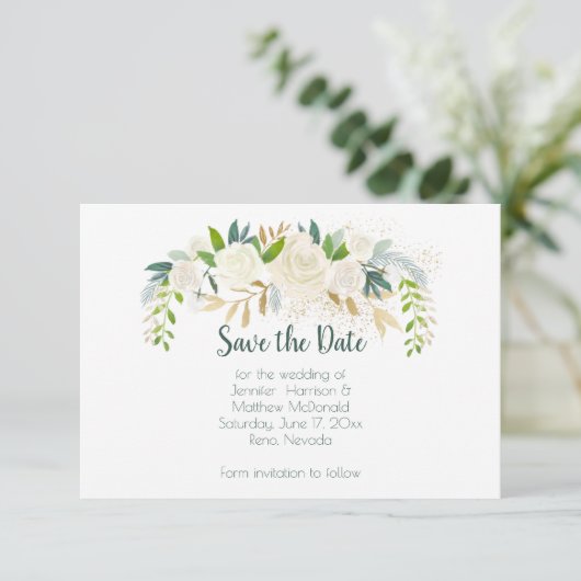 Witte rozen gouden groene bladeren sparen de datum save the date (Staand voorkant)