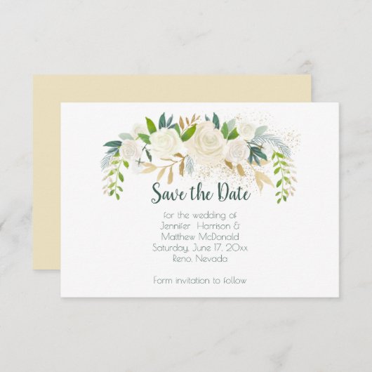 Witte rozen gouden groene bladeren sparen de datum save the date (Voorkant / Achterkant)