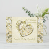 Witte rozen, gouden hart 50ste huwelijksjubileum kaart (Staand voorkant)