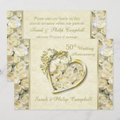 Witte rozen, gouden hart 50ste huwelijksjubileum kaart (Voorkant / Achterkant)