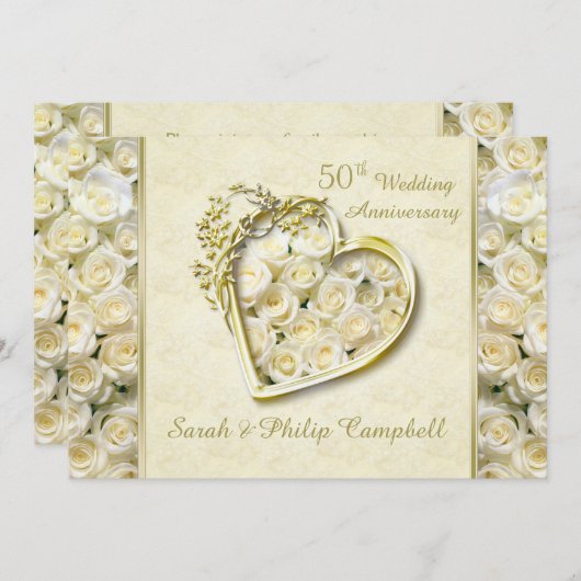 Witte rozen, gouden hart 50ste trouwdag kaart (Voorkant / Achterkant)