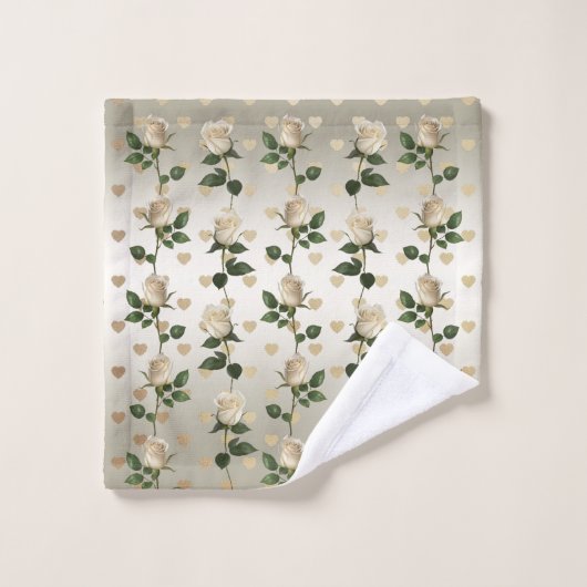 Witte Rozen Gouden Harten Handdoek Set (Wasdoekje)