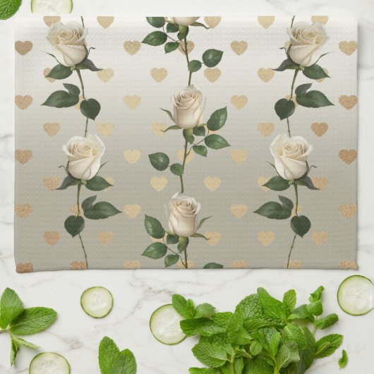 Witte Rozen Gouden Harten Keukenhanddoeken (Gevouwen)