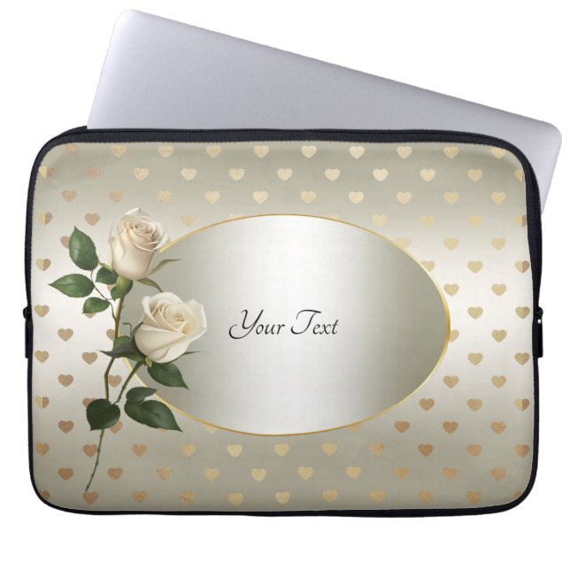 Witte Rozen Gouden Harten Laptop Mouw Laptop Sleeve (Voorkant)