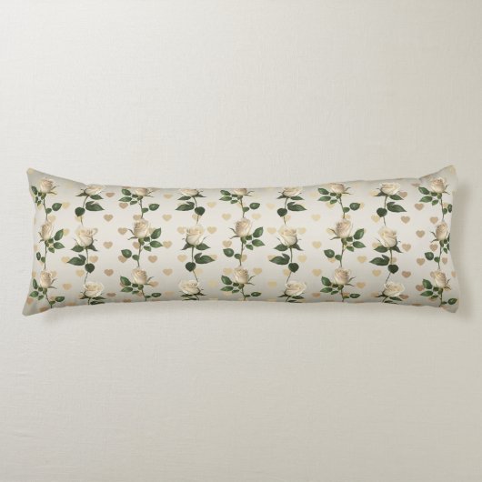 Witte Rozen Gouden Harten Lichaamskussen (Voorkant)