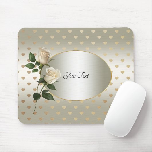 Witte Rozen Gouden Harten Mousepad Muismat (Met muis)