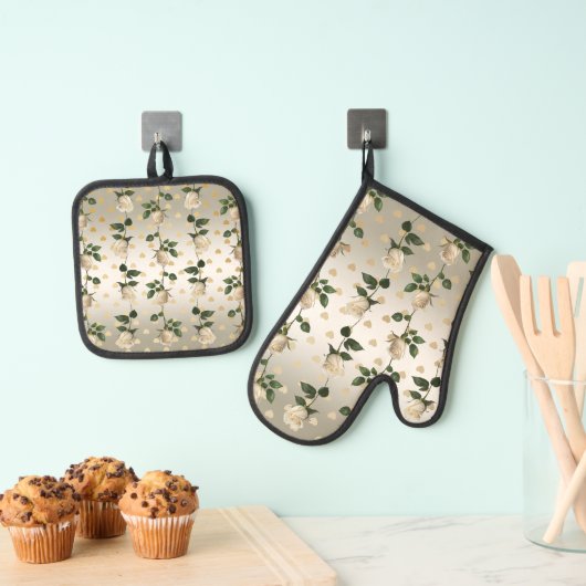 Witte Rozen Gouden Harten Oven Mitt & Pot Houder S Ovenwant & Pannenlap Set (Insitu(Ophanging))