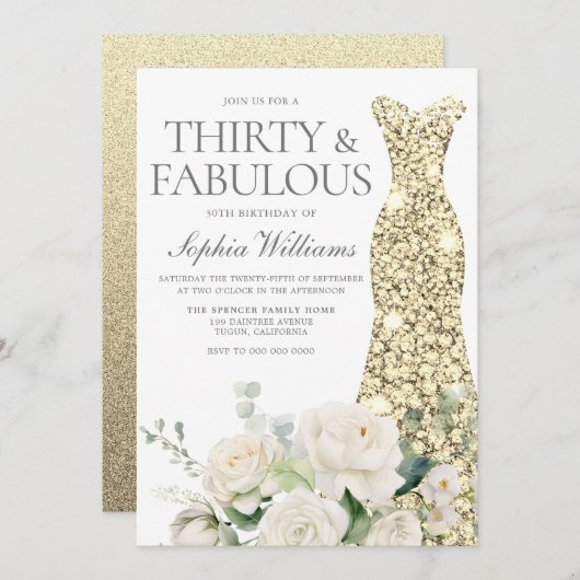 Witte Rozen Gouden Jurk 30e Verjaardagsfeestje Kaart (Voorkant / Achterkant)