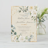 Witte Rozen Gouden Neutrale Elegante Bruiloft Kaart (Staand voorkant)