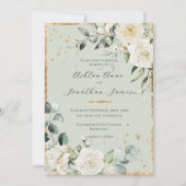 Witte Rozen Gouden Salie Groene Elegante Bruiloft Kaart (Voorkant)