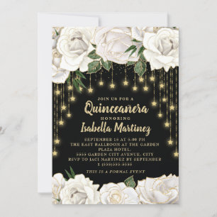 Witte Rozen Gouden Slingerlicht Ster Quinceañera Kaart