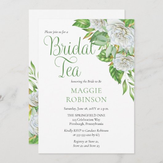Witte rozen | Greenery Boho Floral Bridal Tea Kaart (Voorkant / Achterkant)