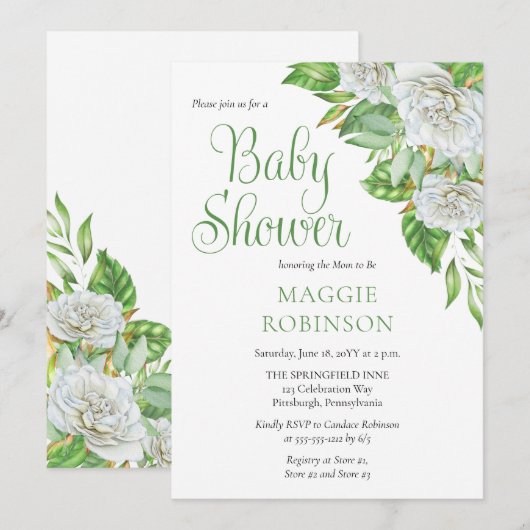 Witte rozen |Greenery Boho Floral Girl Baby shower Kaart (Voorkant / Achterkant)