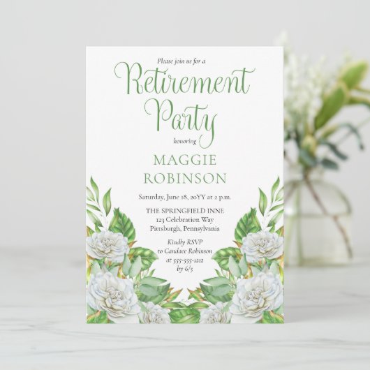 Witte rozen |Greenery Boho Floral Retirement Party Kaart (Staand voorkant)