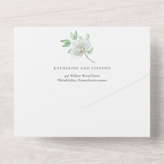 Witte rozen | Greenery Boho Floral Wedding All In One Uitnodiging (Achterkant)