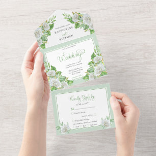 Witte rozen Greenery Boho Floral Wedding All In One Uitnodiging