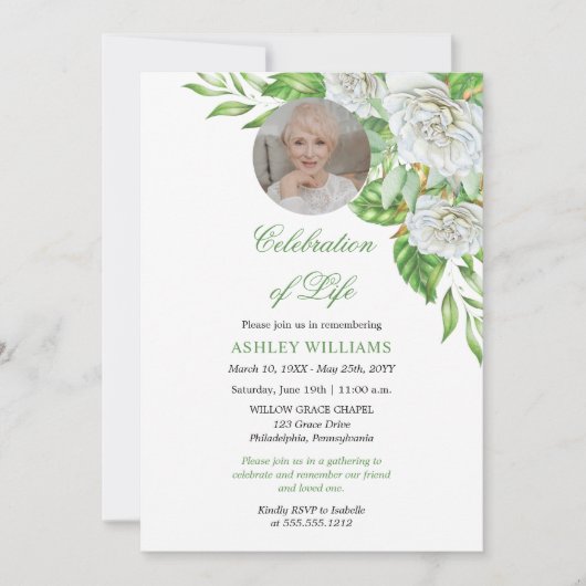 Witte rozen | Greenery Floral Celebration of Life Kaart (Voorkant)
