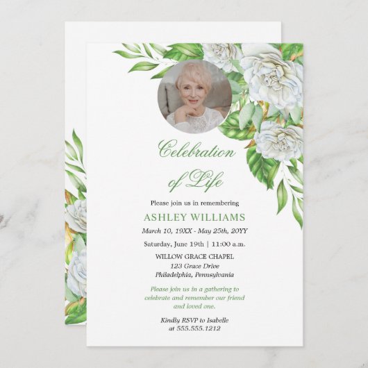 Witte rozen | Greenery Floral Celebration of Life Kaart (Voorkant / Achterkant)