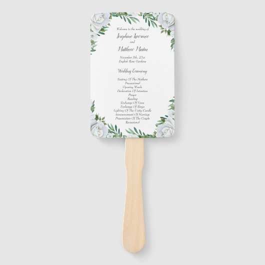 Witte rozen groen bladeren bruiloft programma's handwaaier (Voorkant)