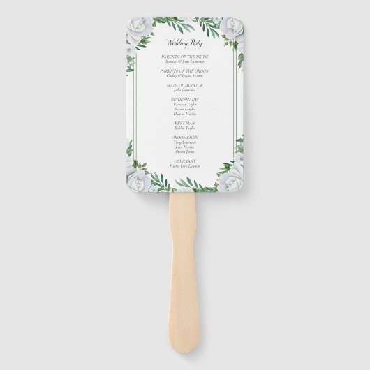 Witte rozen groen bladeren bruiloft programma's handwaaier (Achterkant)