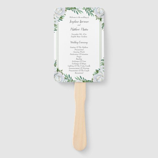 Witte rozen groen bladeren bruiloft programma's handwaaier (Voorkant)