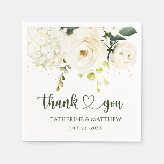 Witte Rozen Groen Bladgroen Bruiloft Servet (Voorkant)