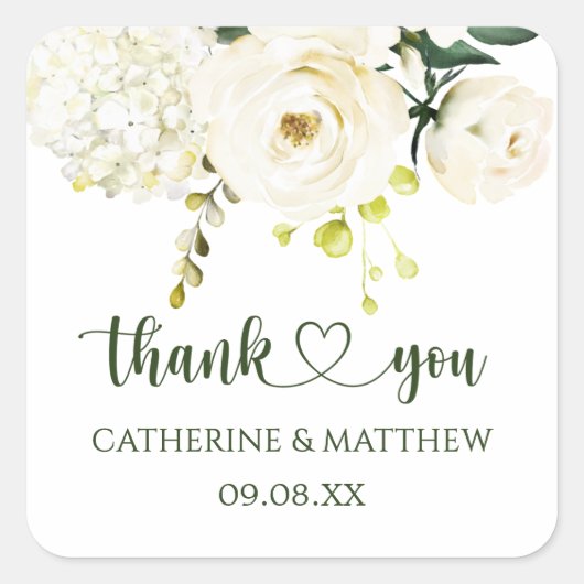 Witte Rozen Groen Bladgroen Bruiloft Vierkante Sticker (Voorkant)
