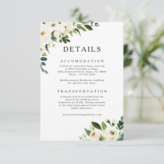 Witte Rozen Groen Bruiloft Details Kaart (Staand voorkant)