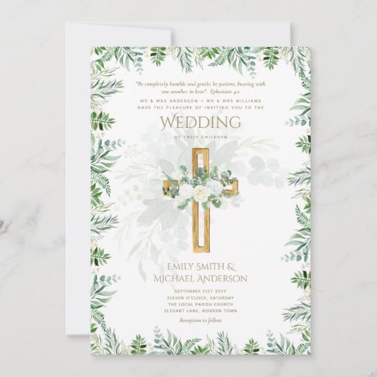 Witte Rozen Groen Christelijk Bruiloft Bijbel Vers Kaart (Voorkant)